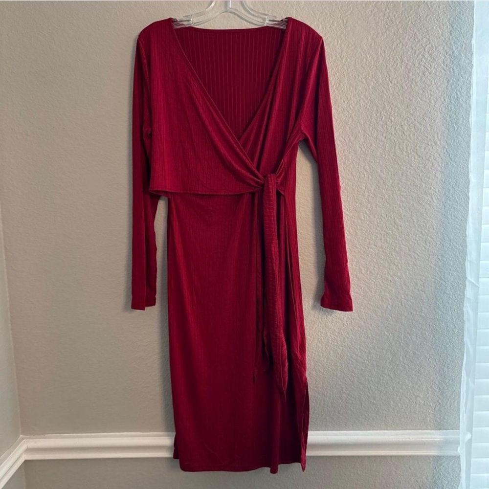 Amazon Red Long Sleeve Plunge Sheath Dress
